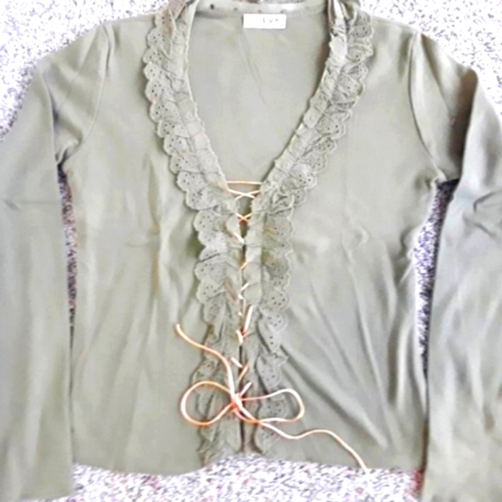 Olive Lace Open Front Blouse , M